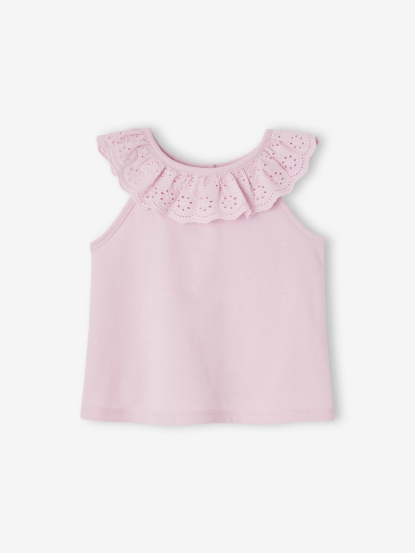VERTBAUDET Camiseta sin mangas con volante de bordado inglés para bebé lila