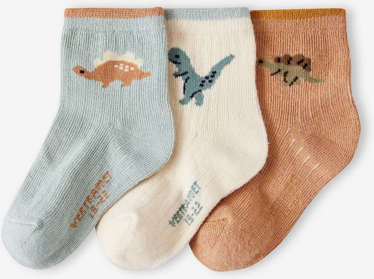 VERTBAUDET Pack de 3 pares de calcetines con dinosaurios para bebé niño verde agua