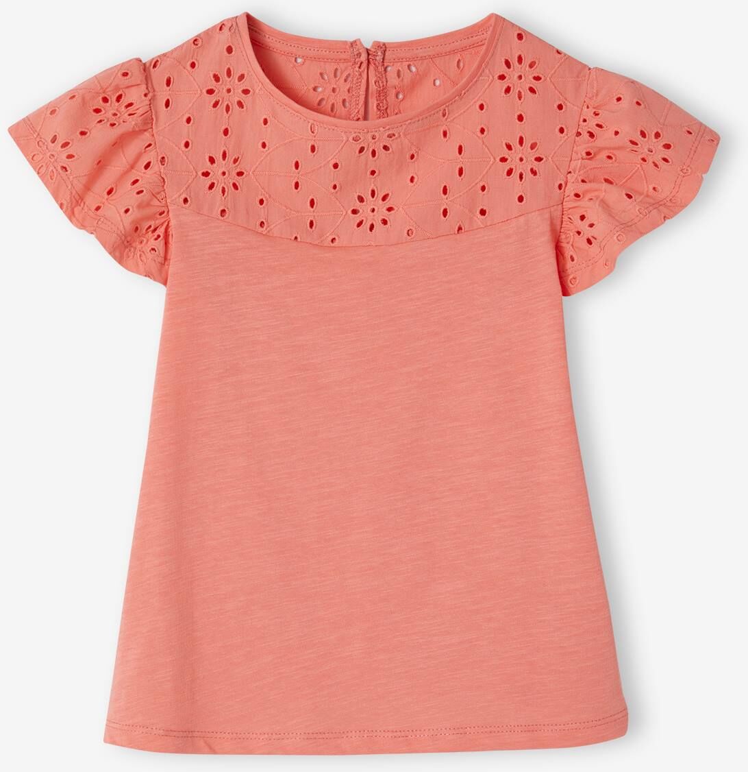 VERTBAUDET Camiseta para niña con bordado inglés y mangas con volantes coral