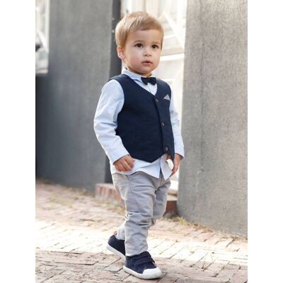 VERTBAUDET Conjunto para bebé niño de ceremonia con chaleco de punto + camisa + pajarita + pantalón azul oscuro liso VERTBAUDET Conjunto para bebé niño de ceremonia con chaleco de punto + camisa + pajarita + pantalón azul oscuro liso