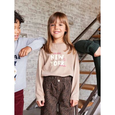 VERTBAUDET Camiseta New York con toques flúor de manga larga, para niña beige arena VERTBAUDET Camiseta New York con toques flúor de manga larga, para niña beige arena
