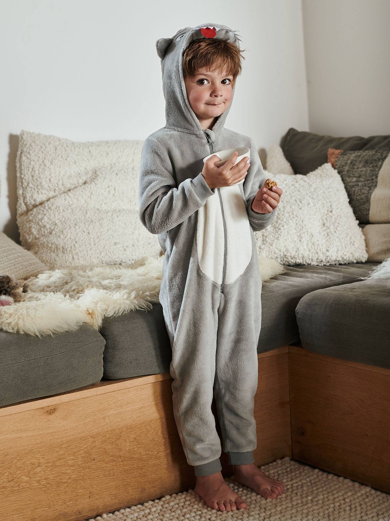 VERTBAUDET Mono Pijama Lobo, para niño gris claro liso con motivos