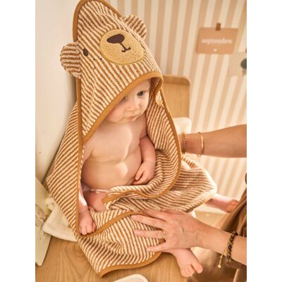 VERTBAUDET Capa de baño + manopla PETIT OURS, con algodón reciclado rayas beige VERTBAUDET Capa de baño + manopla PETIT OURS, con algodón reciclado rayas beige
