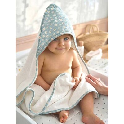 VERTBAUDET Capa de baño de gasa de algodón personalizable y manopla de baño MARGUERITE, para bebé azul estampado VERTBAUDET Capa de baño de gasa de algodón personalizable y manopla de baño MARGUERITE, para bebé azul estampado
