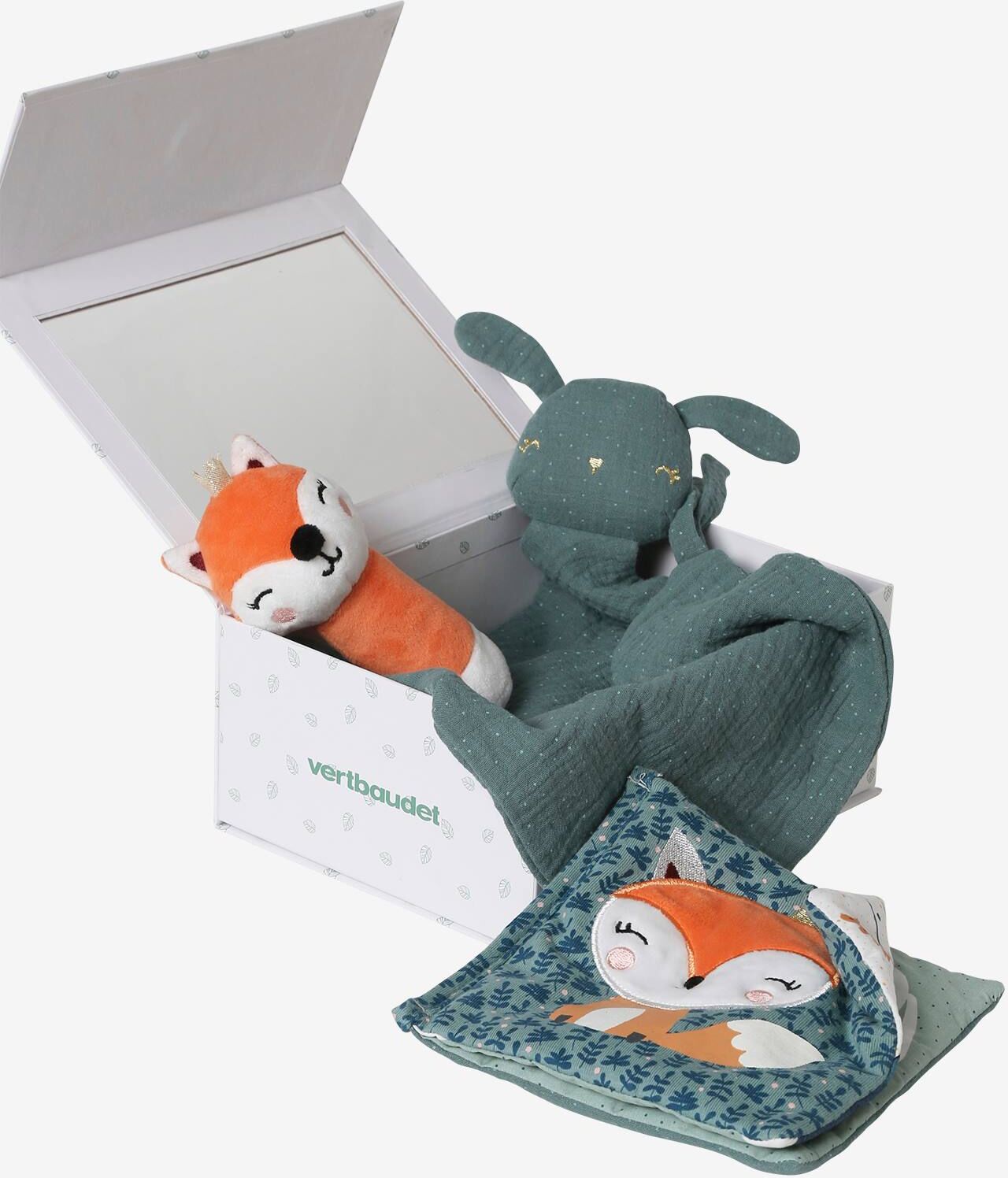 VERTBAUDET Estuche regalo con 3 prendas: paño doudou + sonajero + libro ilustrado naranja