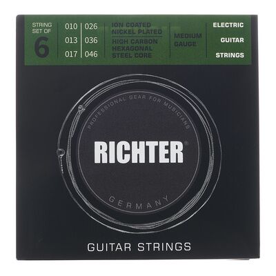 Cuerdas para guitarra eléctrica Richter - Recubrimiento iónico, Mediana 10-46 Cuerdas para guitarra eléctrica Richter - Recubrimiento iónico, Mediana 10-46