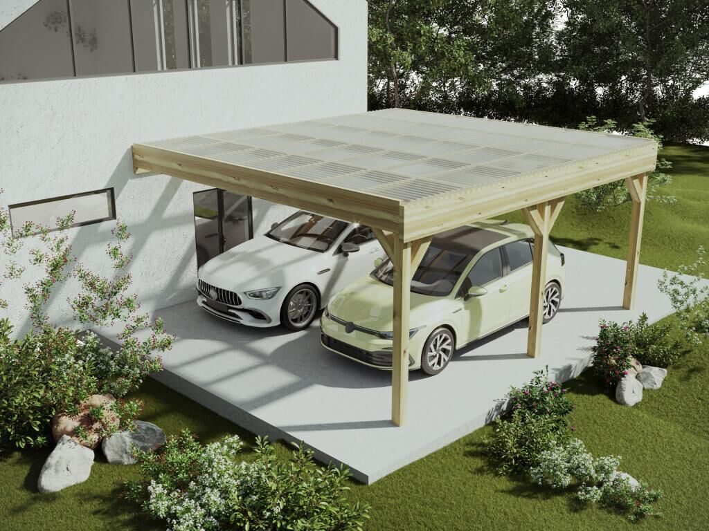 Cochera abierta doble adosada de madera tratada - con techo de PVC - 2 coches - 29,3 m² - ARTEMIDA de Expertland