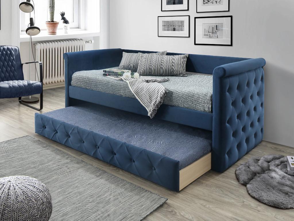 Unique Cama nido capitoné LOUISE - 2x90x190cm - Tela azul