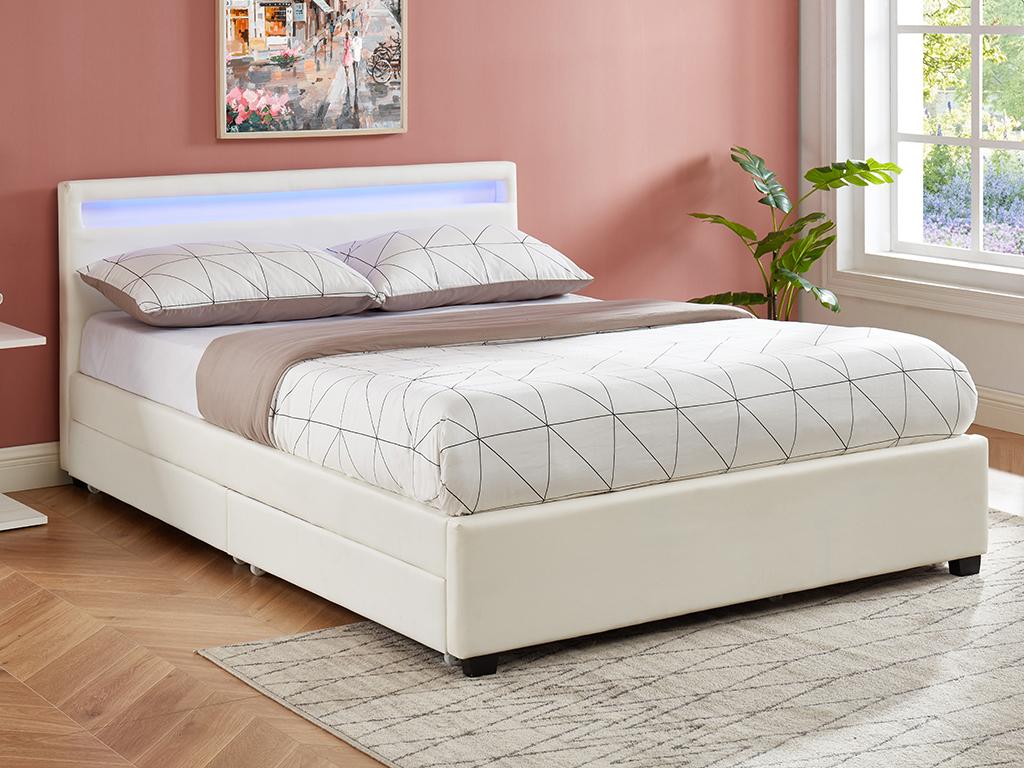 Unique Cama ALOIS con compartimentos - 160x200cm - Piel sintética blanca con LEDs