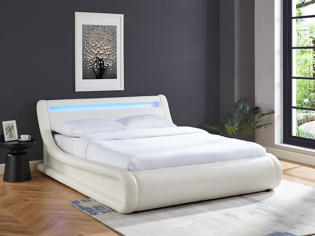 Unique Cama con arcón IRIS - 160x200cm - Piel sintética blanca con LEDs