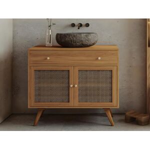 Unique Mueble de baño de teca clara y enrejado con lavabo de piedra - 90 cm - MANSULAN