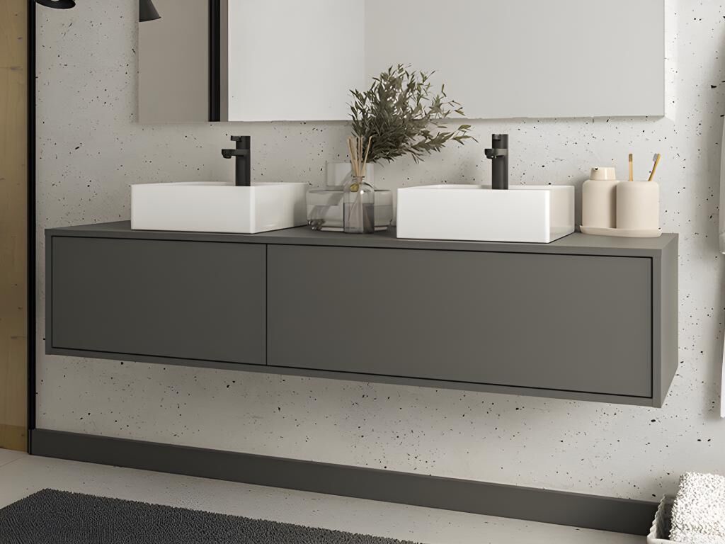 Unique Mueble flotante de baño en color gris antracita con lavabo doble - L150 cm - ISAURE II