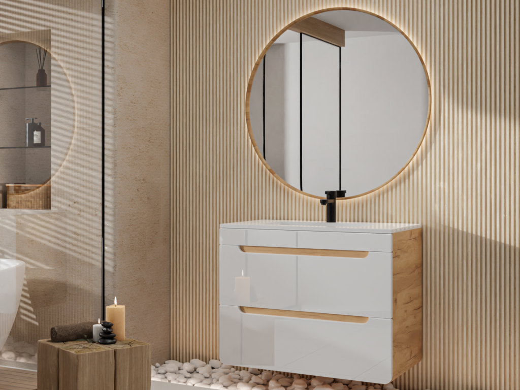 Unique Mueble de baño suspendido color natural y blanco 80 cm - ARUBA