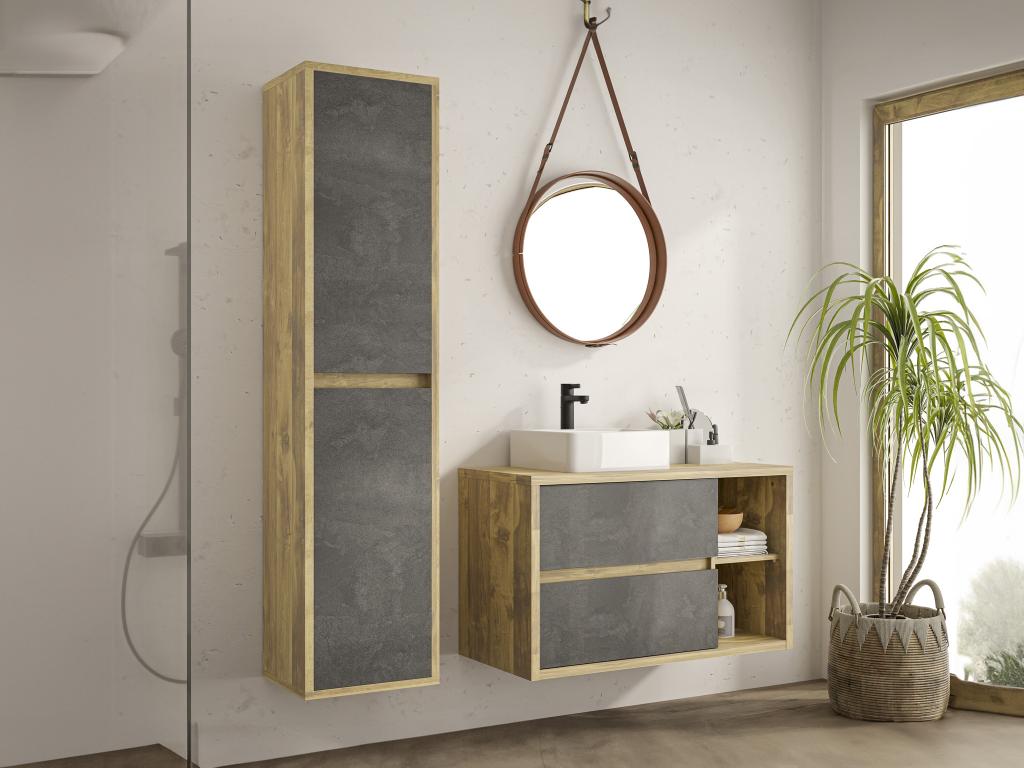 Unique Mueble de baño flotante con lavabo y columna - Color natural y antracita - 100 cm - TIKITIKI