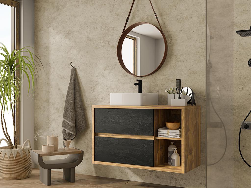 SHOWER DESIGN Mueble de baño suspendido con lavabo color natural y antracita - 100 cm - TIKITIKI