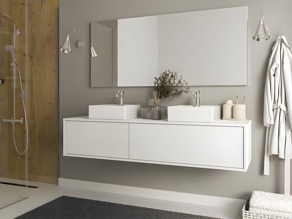 SHOWER DESIGN Mueble de baño suspendido blanco con doble lavabo - ISAURE