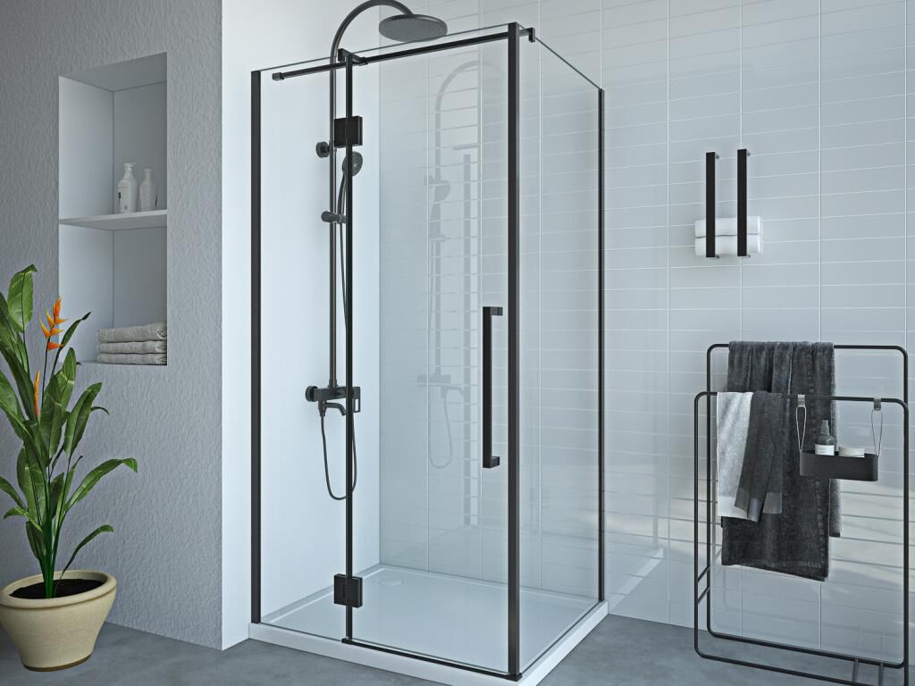 Shower & Design Mampara de ducha fija con puerta pivotante negro mate estilo industrial - 80 x 100 x 190 cm - PRINCETON