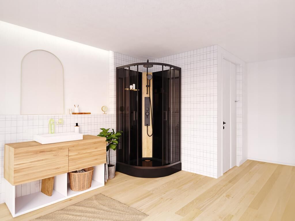 Shower & Design Cabina de ducha hidromasaje en cuarto de círculo con panel de bambú - Negro - Ancho 90 x 90 x Alt. 225 cm - TILOMA
