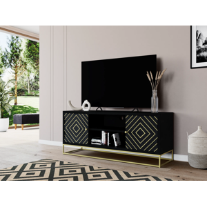 Unique Mueble TV PRISMIN - 2 puertas y 2 estantes - Madera de mango y metal - Negro