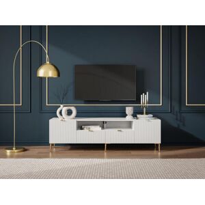 Unique Mueble TV con 2 puertas, 2 cajones y 2 estantes de MDF y acero - Blanco y dorado - YESINIA