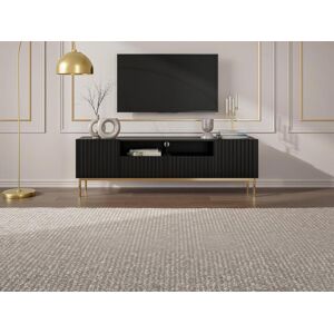 Unique Mueble TV con 2 puertas, 2 cajones y 2 estantes de MDF y acero - Negro y dorado - EVILANA