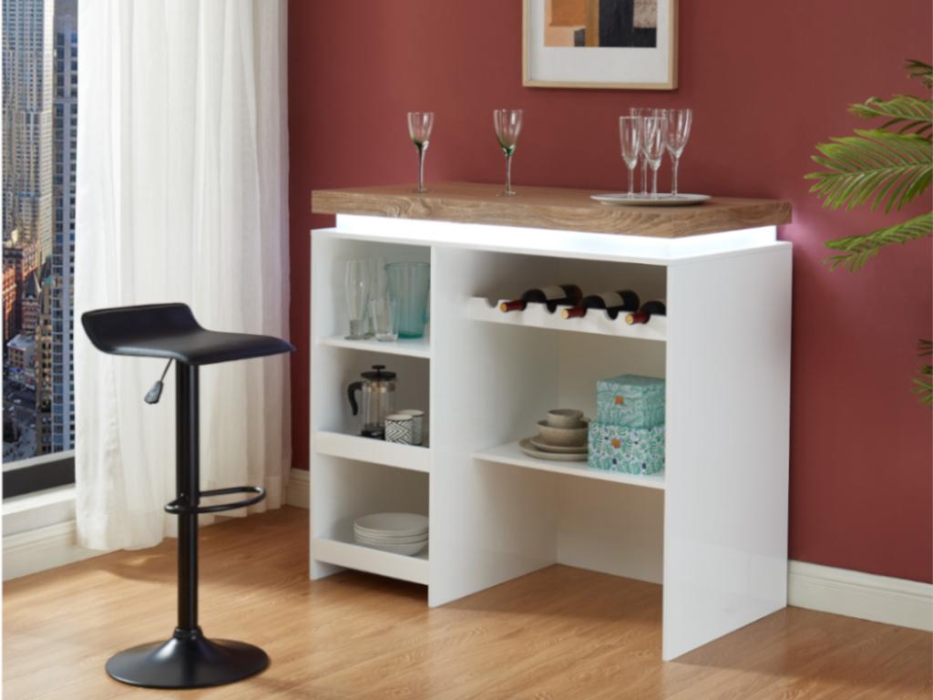 Unique Mueble de bar HALO II - MDF lacado blanco - LEDs - Blanco y roble