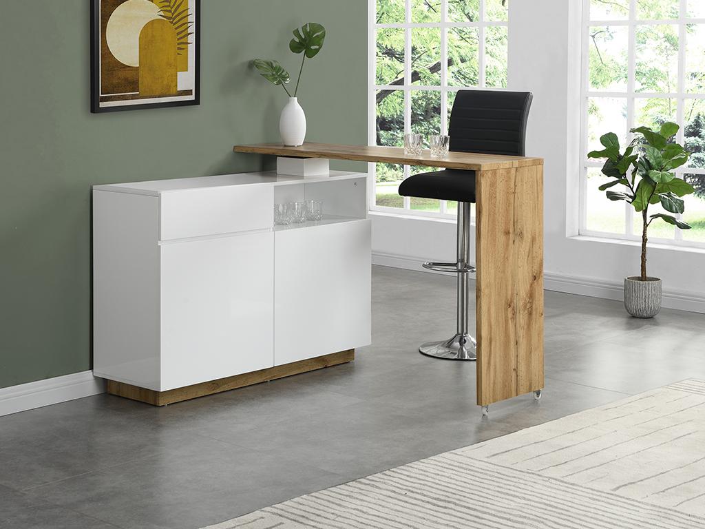 Unique Mueble de bar pivotante ELDIR - 2 puertas, 1 cajón y 1 estante - MDF - Blanco lacado y roble