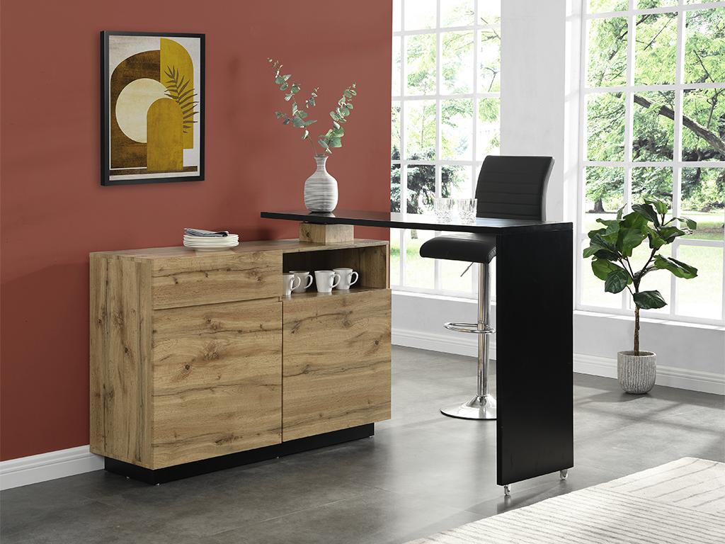 Unique Mueble de bar pivotante ELDIR - 2 puertas, 1 cajón y 1 estante - MDF - roble y negro