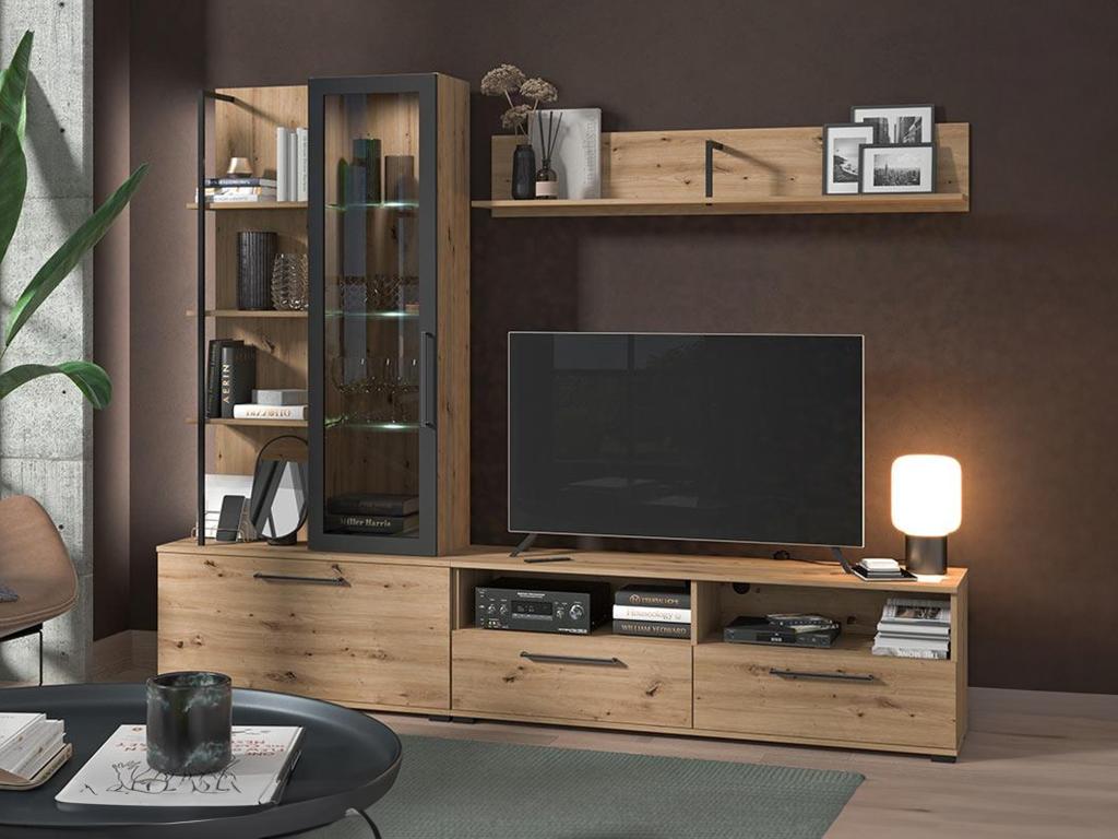 Unique Mueble TV DUBLIN con compartimentos - Color: roble y negro