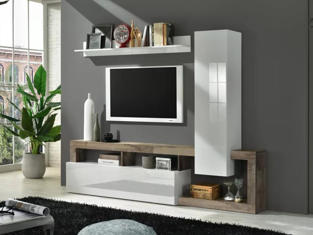 Unique Mueble TV SEFRO - Con compartimentos - Blanco lacado y roble
