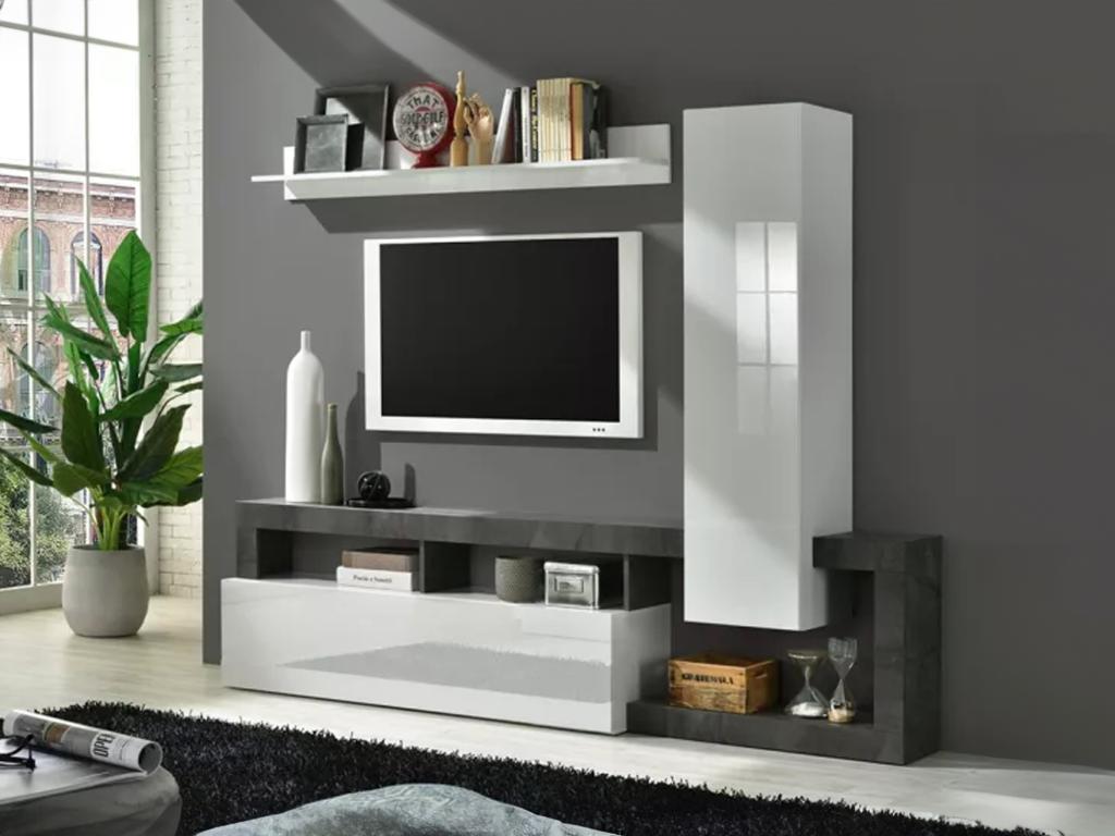 Unique Mueble TV SEFRO - Con compartimentos - Blanco lacado y cemento