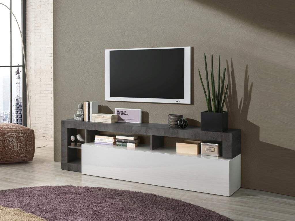 Unique Mueble TV SEFRO - 1 puerta y 4 estantes - Blanco lacado y cemento