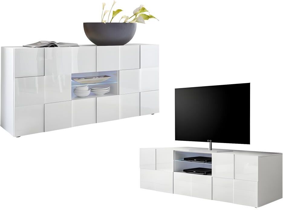 Unique Pack Comedor luminoso 3: Mueble TV CALISTO + Aparador CALISTO - Blanco