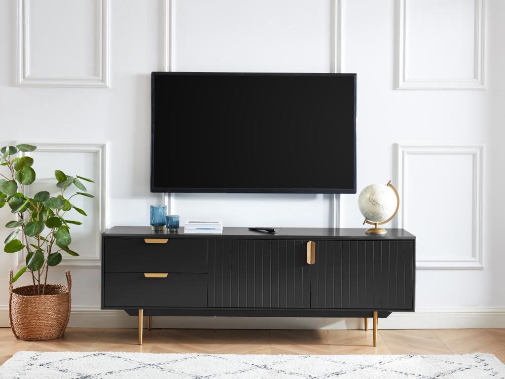 Unique Mueble TV - 2 puertas y 2 cajones - MDF y metal - Negro y dorado - LIKANA