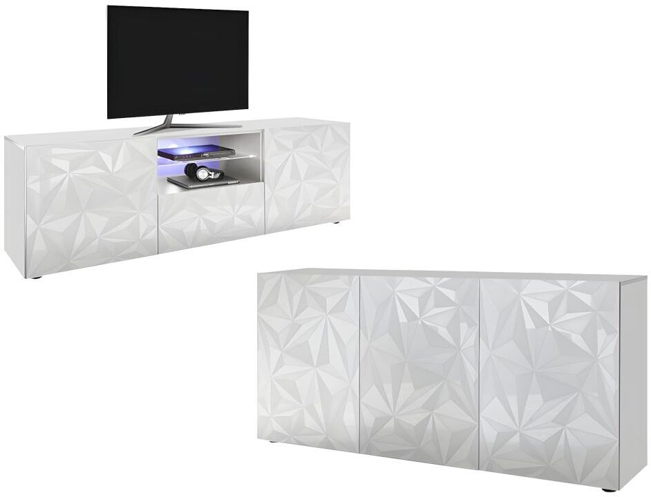 Unique Conjunto Aparador y Mueble TV - Comedor luminoso ERIS - Blanco lacado