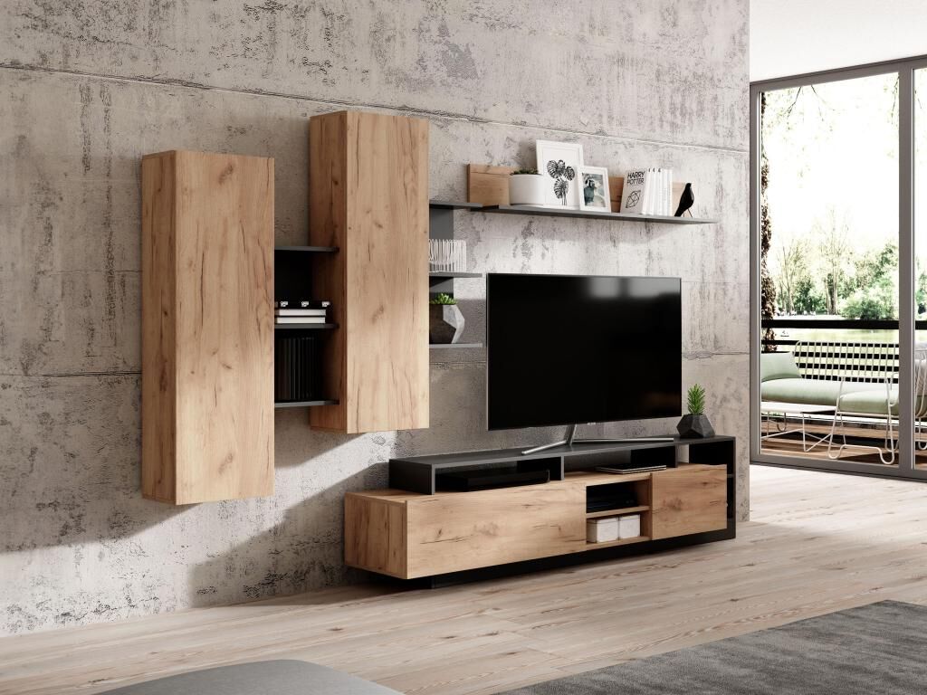 Unique Mueble TV con compartimentos - Color: natural y antracita - IDESIA