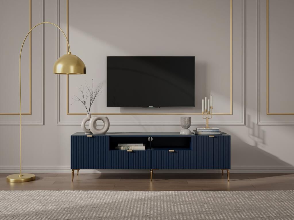 Unique Mueble TV con 2 puertas, 2 cajones y 2 estantes de MDF y acero - Azul y dorado - YESINIA