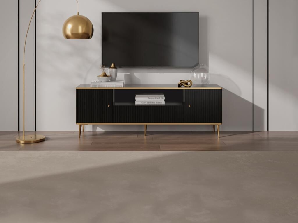 Mueble TV con 2 puertas, 1 cajón y 1 estante de MDF y acero - Negro y dorado - SINEAD de Pascal MORABITO