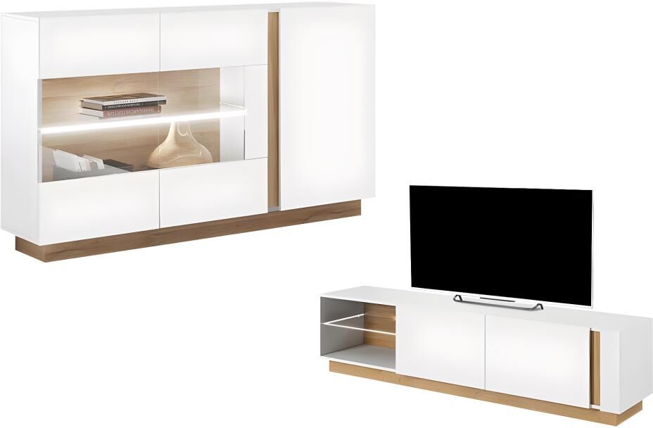 Unique Conjunto aparador y mueble TV blanco brillante y natural - Comedor luminoso MURARI