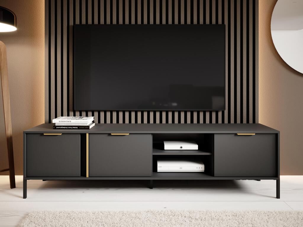 Unique Mueble TV con 3 puertas y 2 estantes - Antracita y dorado - PAVELI