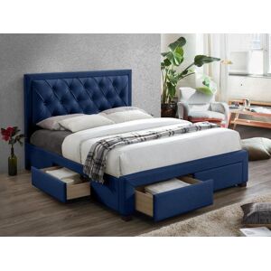 Unique Cama con cajones 160 x 200 cm - Tela de terciopelo azul + Colchón - LEOPOLD