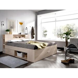 Unique Cama con cabecero con compartimentos y cajones - 140 x 190 cm - Color: natural + Somier + colchón - LEANDRE