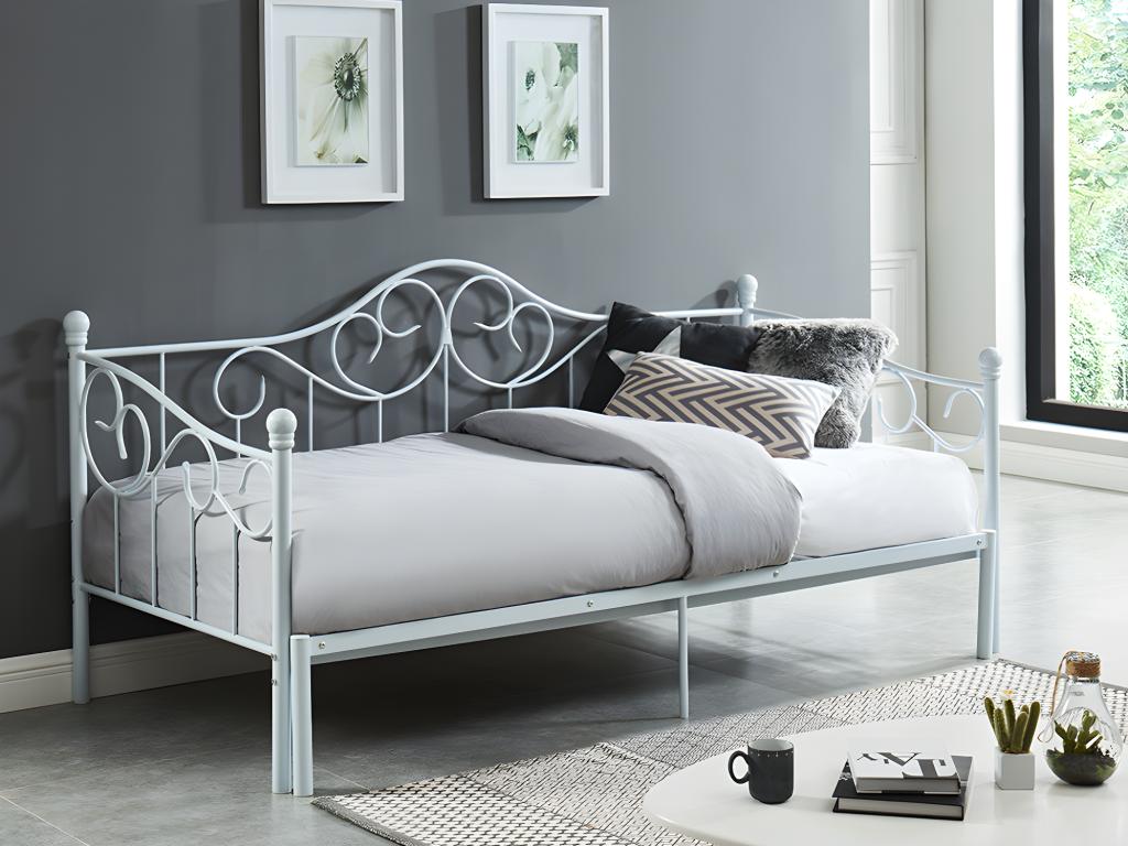 Unique Cama banqueta extensible c on somier a tablas - Metal - 2 x 90 x 200 cm - Metal - Blanco - SEBILLE