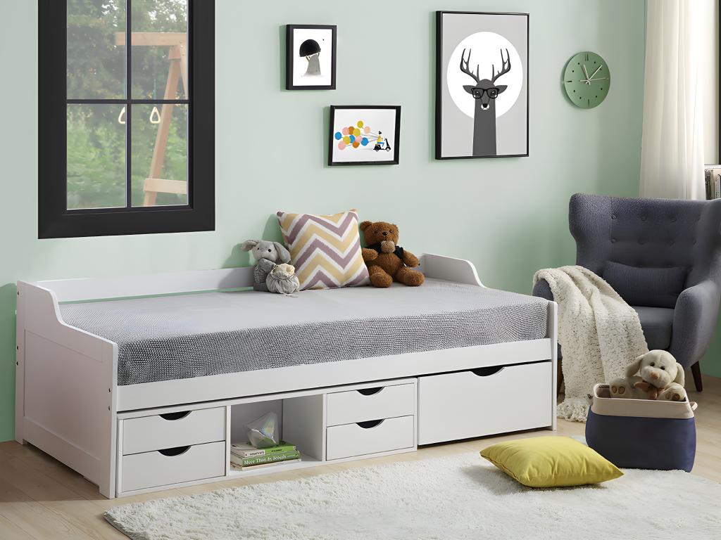 Unique Cama banco ADELISE - con compartimentos - 90x190 cm - Pino - Blanco