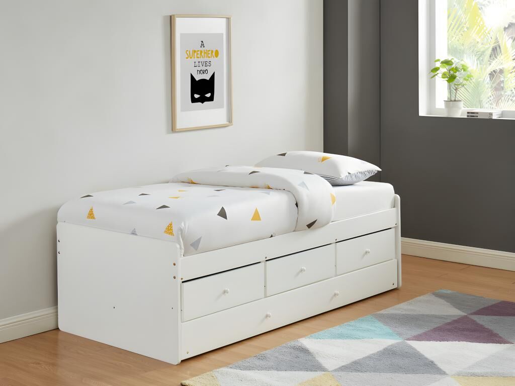 Unique Cama nido TITOUAN con 3 cajones - 90 x 190 cm - MDF y Pino - Blanco