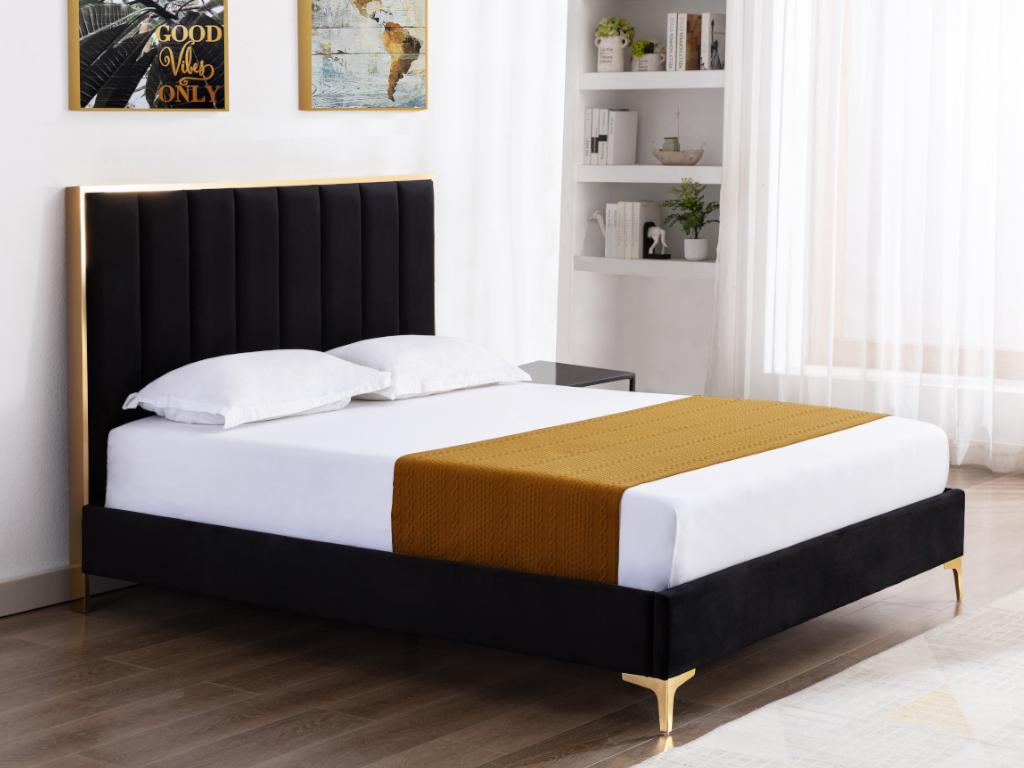 Unique Cama CLARISSE con cabecero con costuras verticales - 160 x 200 cm - Terciopelo - Negro y dorado