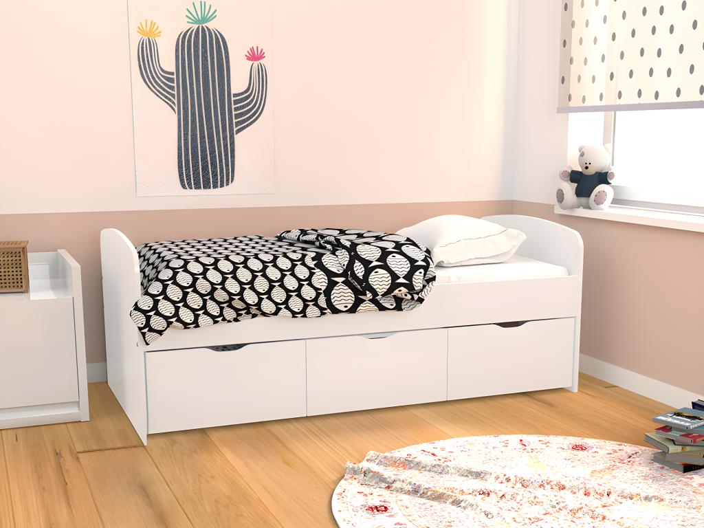 Unique Cama LOUANE con 2 cajones y 1 arcón - 90 x 190 cm - Blanco