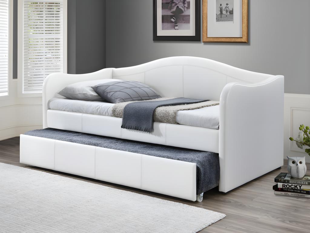 Unique Sofá cama nido MATHILDE - 2 x 90 x 190 cm - Piel sintética - Blanco + colchón