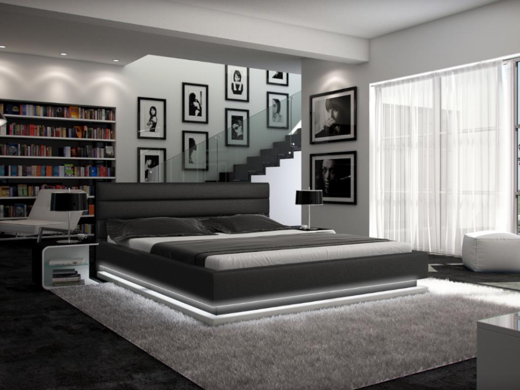 Unique Cama - 160 x 200 cm - Piel sintética negro con LEDs - NUBIS