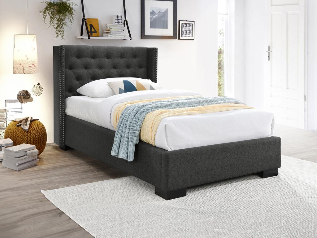 Unique Cama MASSIMO con cabecero capitoné - 90x200 cm - Tela gris